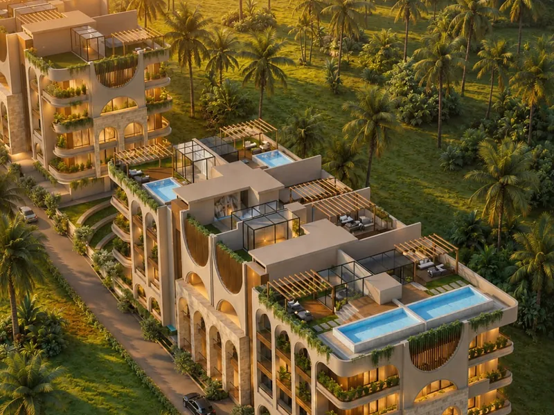 Artist’s impression of Aavana at Siolim, North Goa, seen from the air at sunset