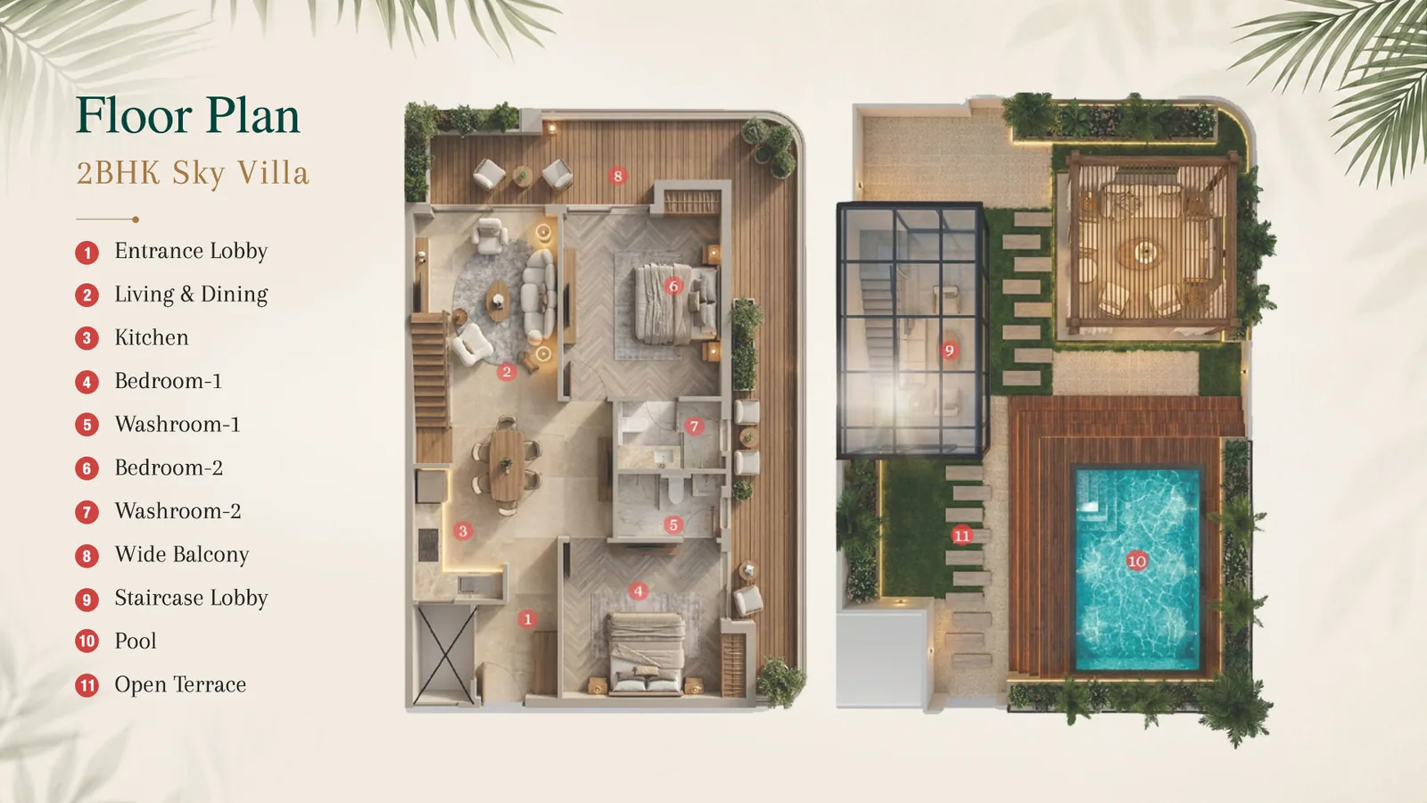 Indicative floor plan of a 2 BHK sky villa at Aavana