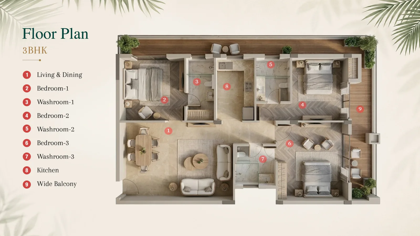 Indicative floor plan of a 3 BHK residence at Aavana