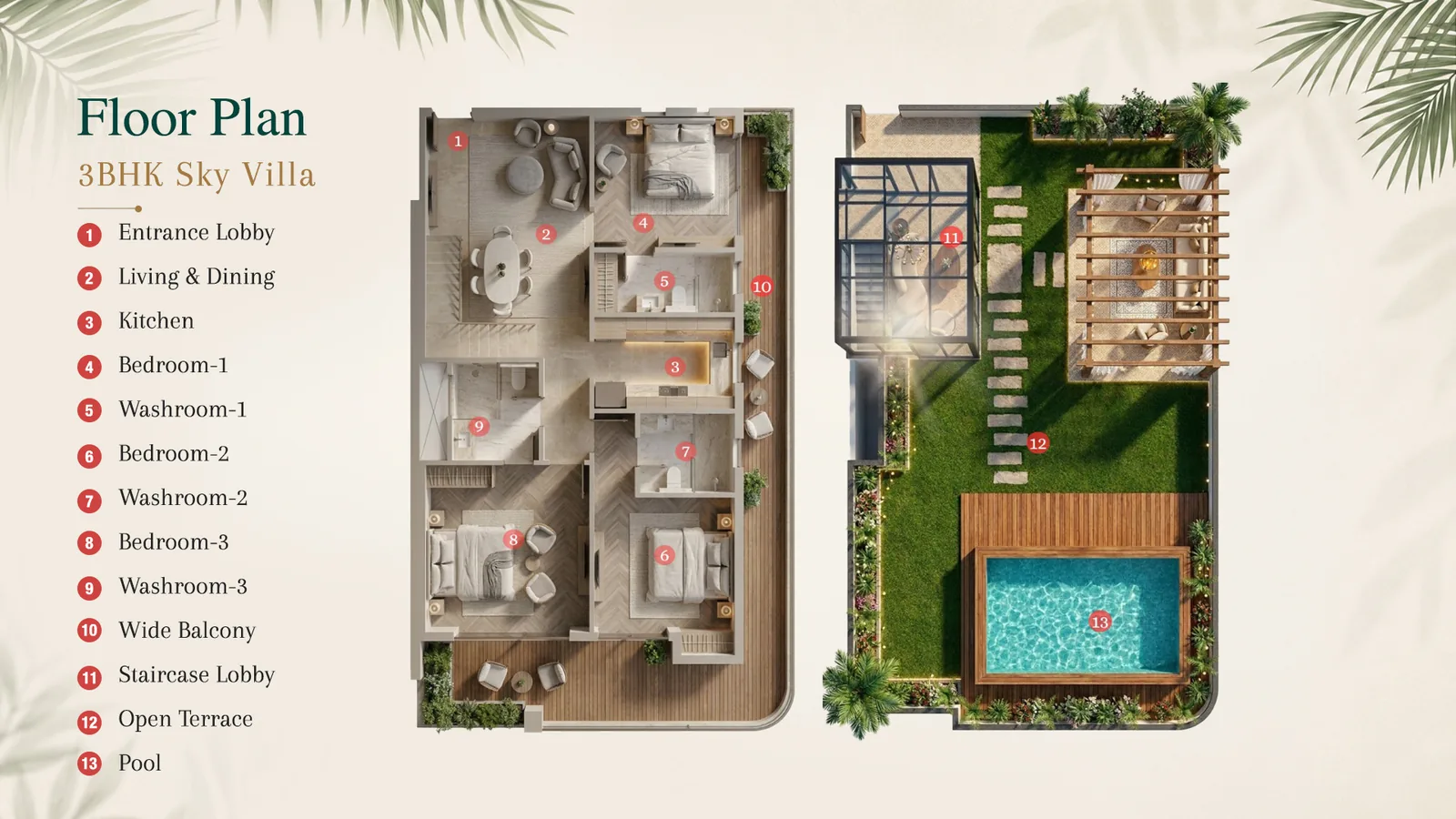 Indicative floor plan of a 3 BHK duplex sky villa at Aavana