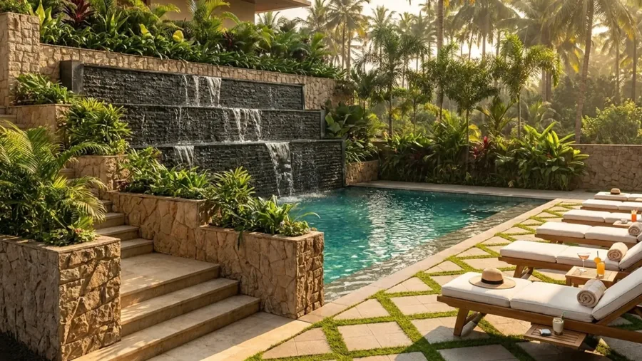 Artist’s impression of the swimming pool and cascade wall at Aavana, Siolim, North Goa