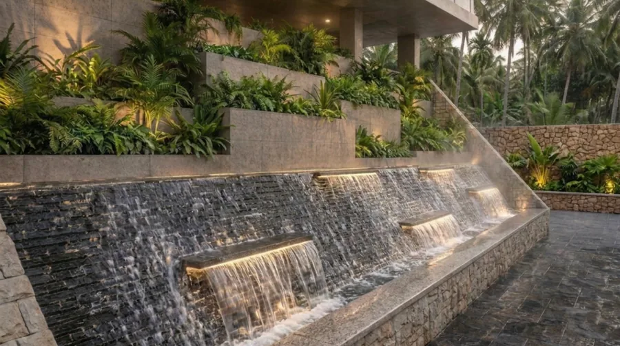 Artist’s impression of the stepped water body below the planted terraces at Aavana, Siolim, North Goa