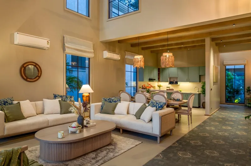 Double-height living room. Banyan Bliss, Guirim.