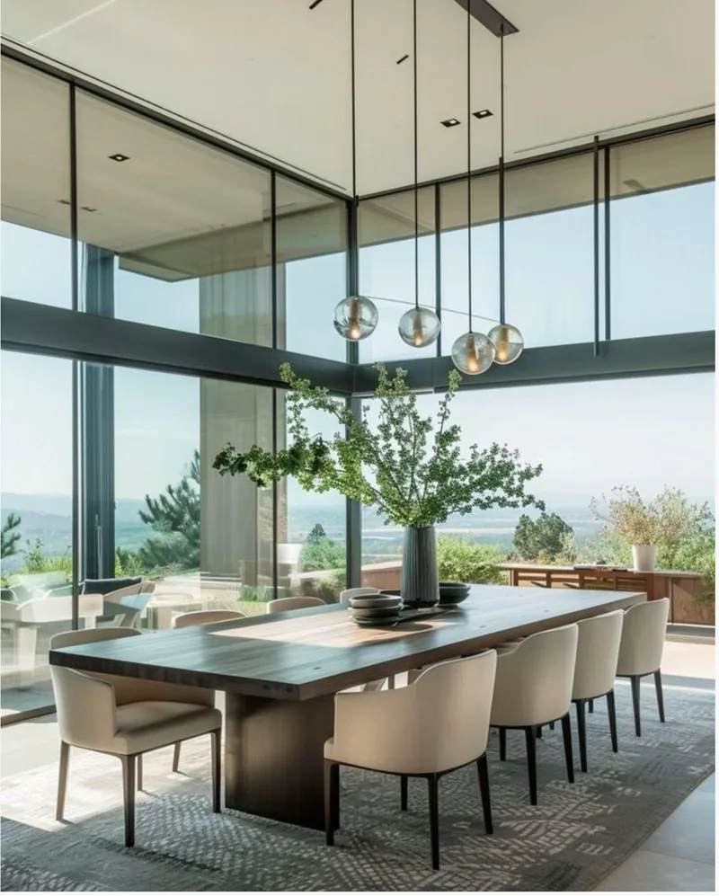 The dining room, glazed on two sides. Forest Lane, Chattarpur.