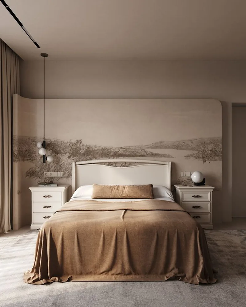 Indicative bedroom styling: upholstered headboard and warm bedside lighting