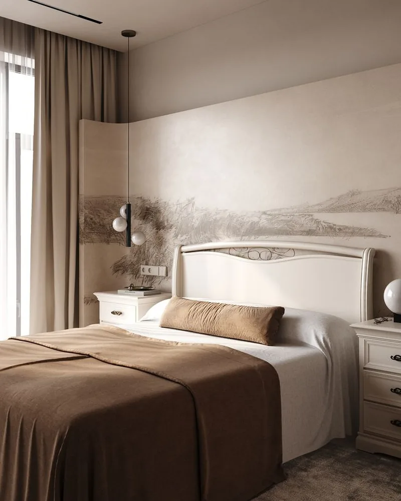 Indicative bedroom styling: neutral bedding with timber joinery