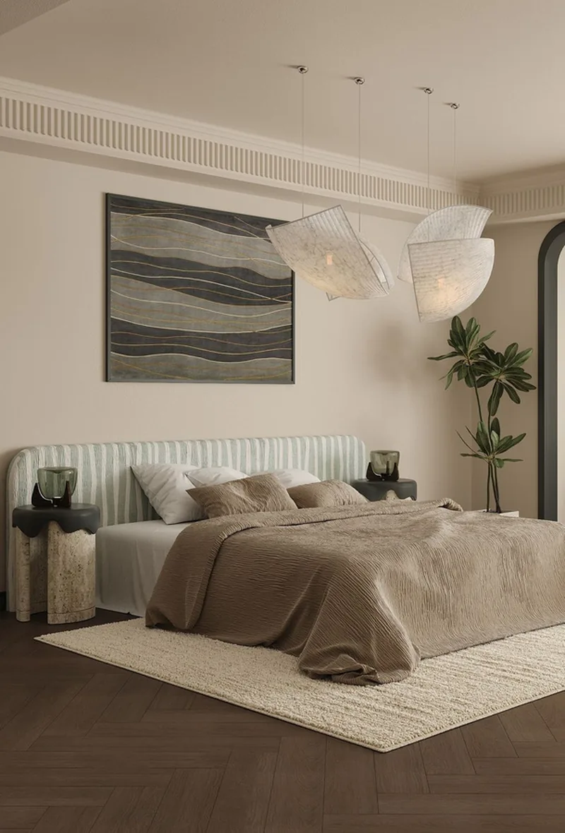 Indicative bedroom styling: textured wall finish behind the bed