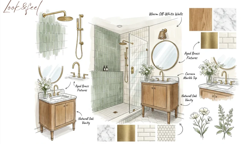 Interior design concept board for a third bathroom scheme: sketched elevation with material and finish samples