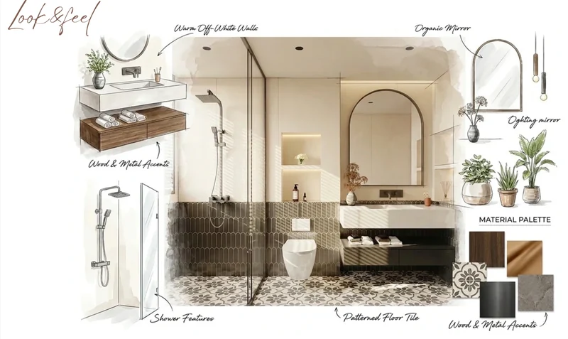 Interior design concept board for a second bathroom scheme: sketched elevation with material and finish samples