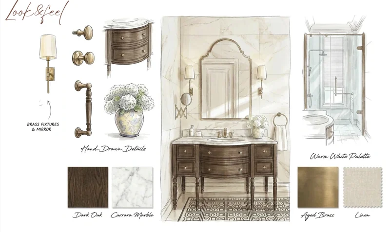 Interior design concept board for a bathroom and vanity: sketched elevation with material and finish samples