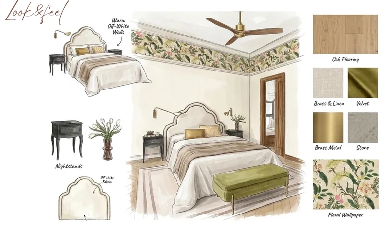 Interior design concept board for a second bedroom scheme: sketched elevation with material and finish samples