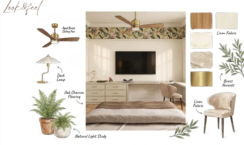 Interior design concept board for a third bedroom scheme: sketched elevation with material and finish samples