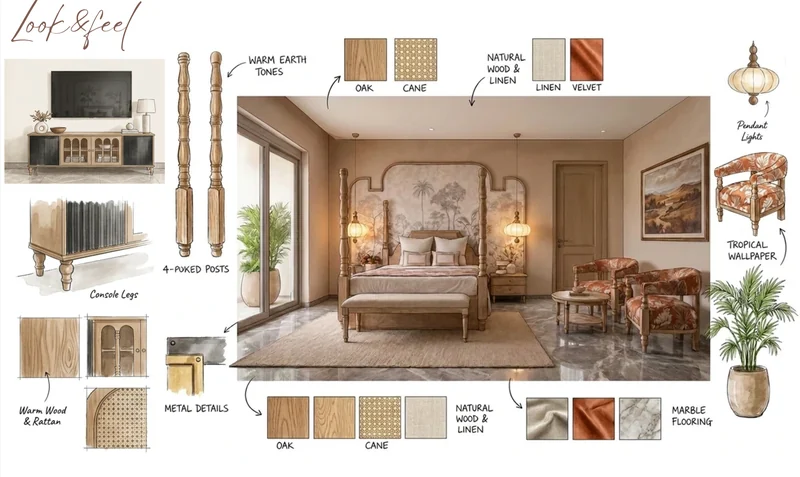 Interior design concept board for a principal bedroom: sketched elevation with material and finish samples