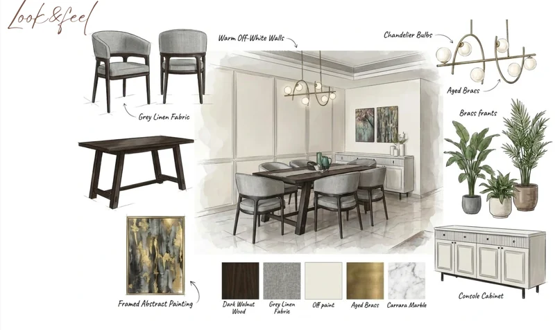Interior design concept board for a dining room: sketched elevation with material and finish samples