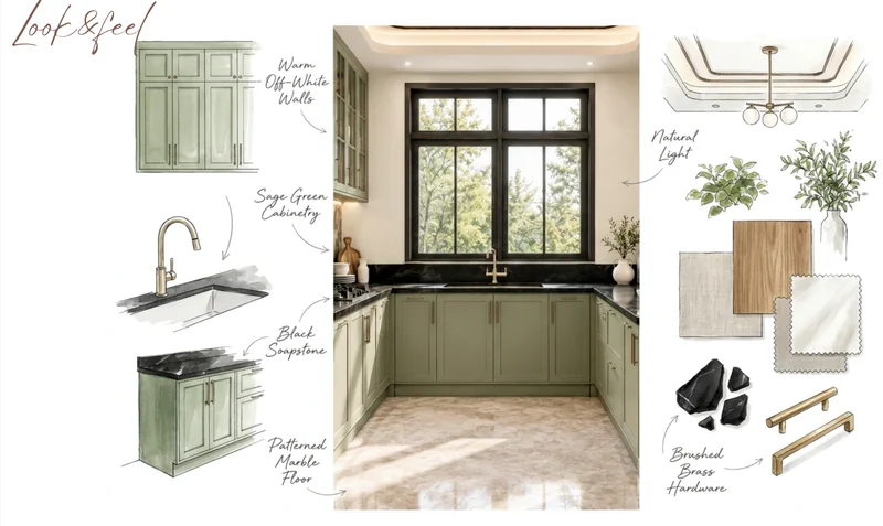 Interior design concept board for a kitchen: sketched elevation with material and finish samples