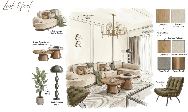 Interior design concept board for a living space: sketched elevation with material and finish samples