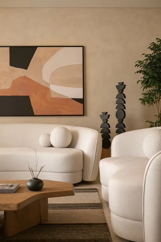 Indicative living-room styling: low seating, warm timber and a neutral palette
