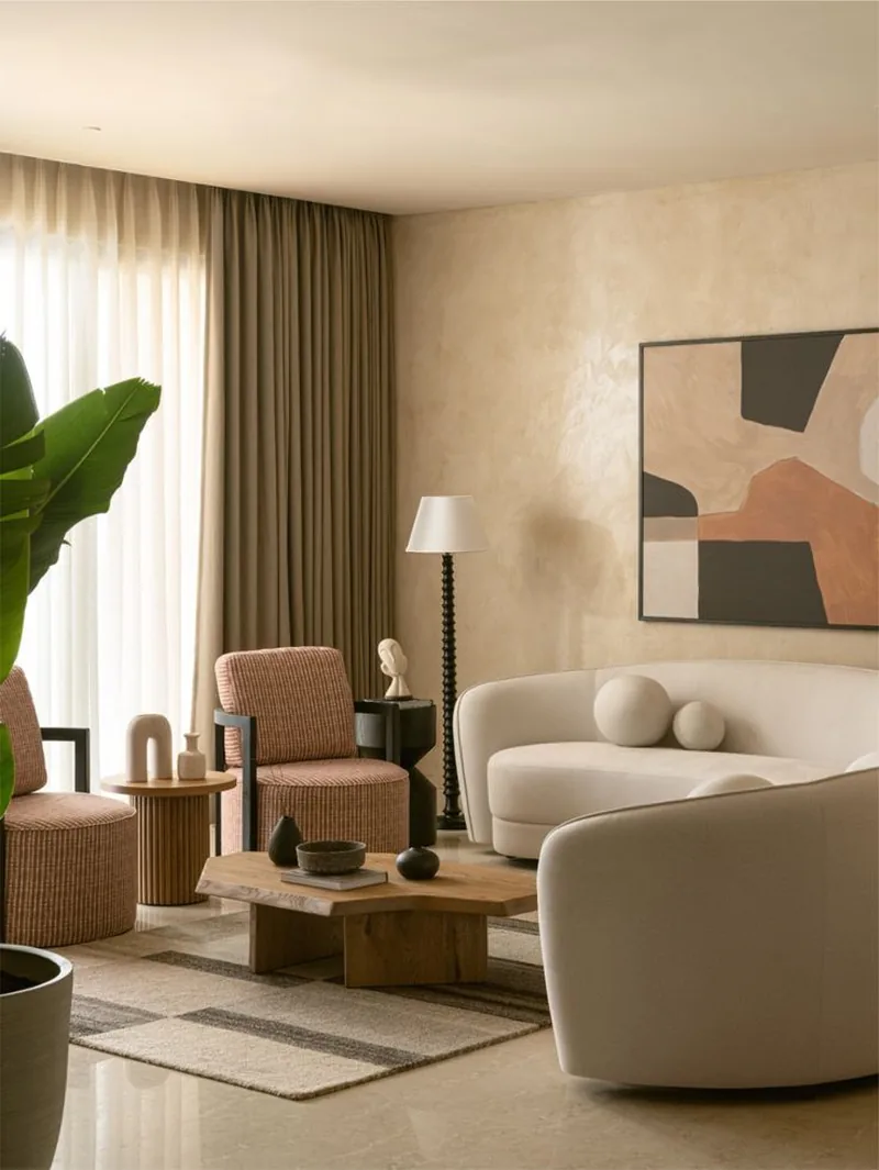 Indicative living-room styling: open plan with layered natural textures
