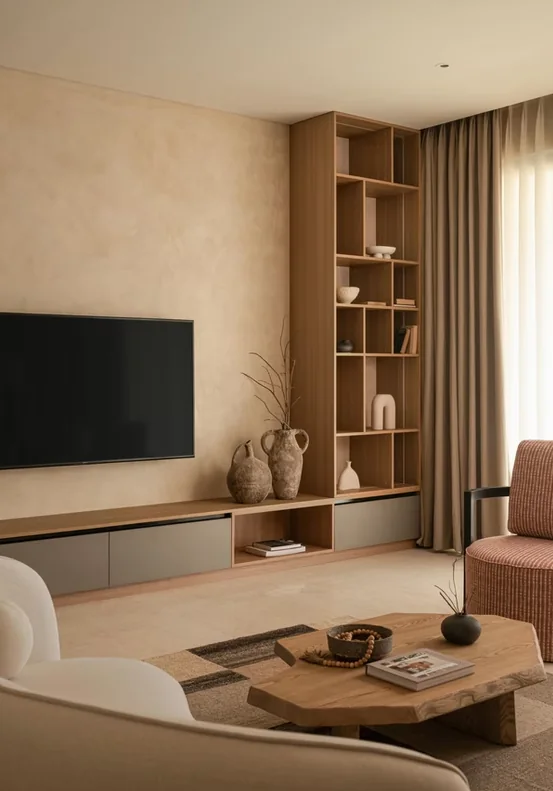 Indicative living-room styling: seating grouped toward a balcony opening