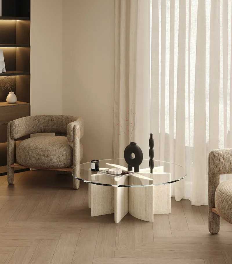 Indicative lounge styling: informal seating around a low table