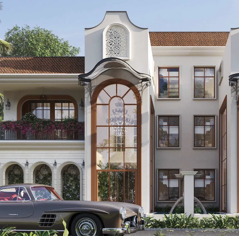 The principal elevation — tall arched openings under a moulded cornice. EV Aurelia, Aldona.